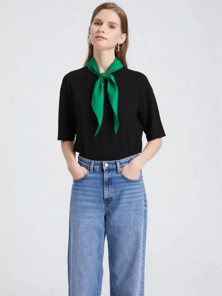 

Ethereal costume 2026 YAZHIMEI spring new style of Women's Casual Standard Fit Black/Green Scarf Detail T-Shirt