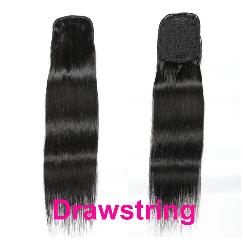 Women's Drawstring Ponytail Human Hair Long Straight Ponytail Wrap Around Brazilian Remy Hair Extensions Clip in Natural Black