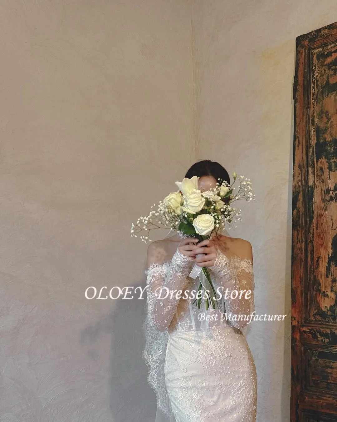 OLOEY Elegant Off Shoulder Mermaid Wedding Dresses Korea Photo shoot Long Sleeves Lace Bridal Gowns With Veil Customized