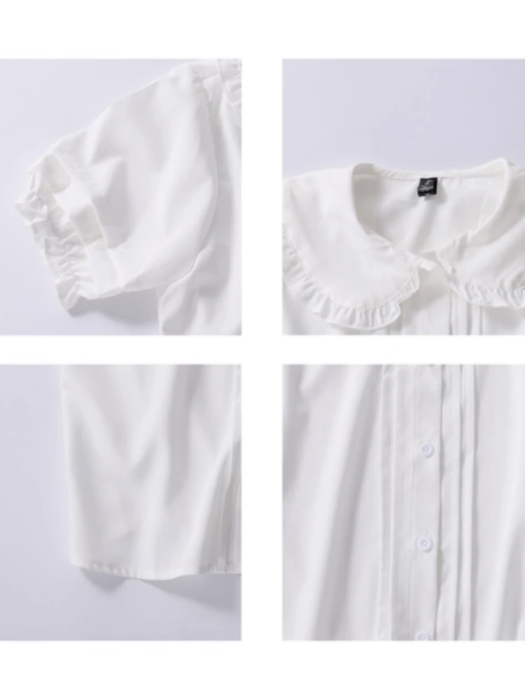 HOUZHOU White Shirt Kawaii Peter Pan Collar Preppy Style Blouses Woman Sweet Ruffle Short Sleeve Tops Summer 2022 Fashion