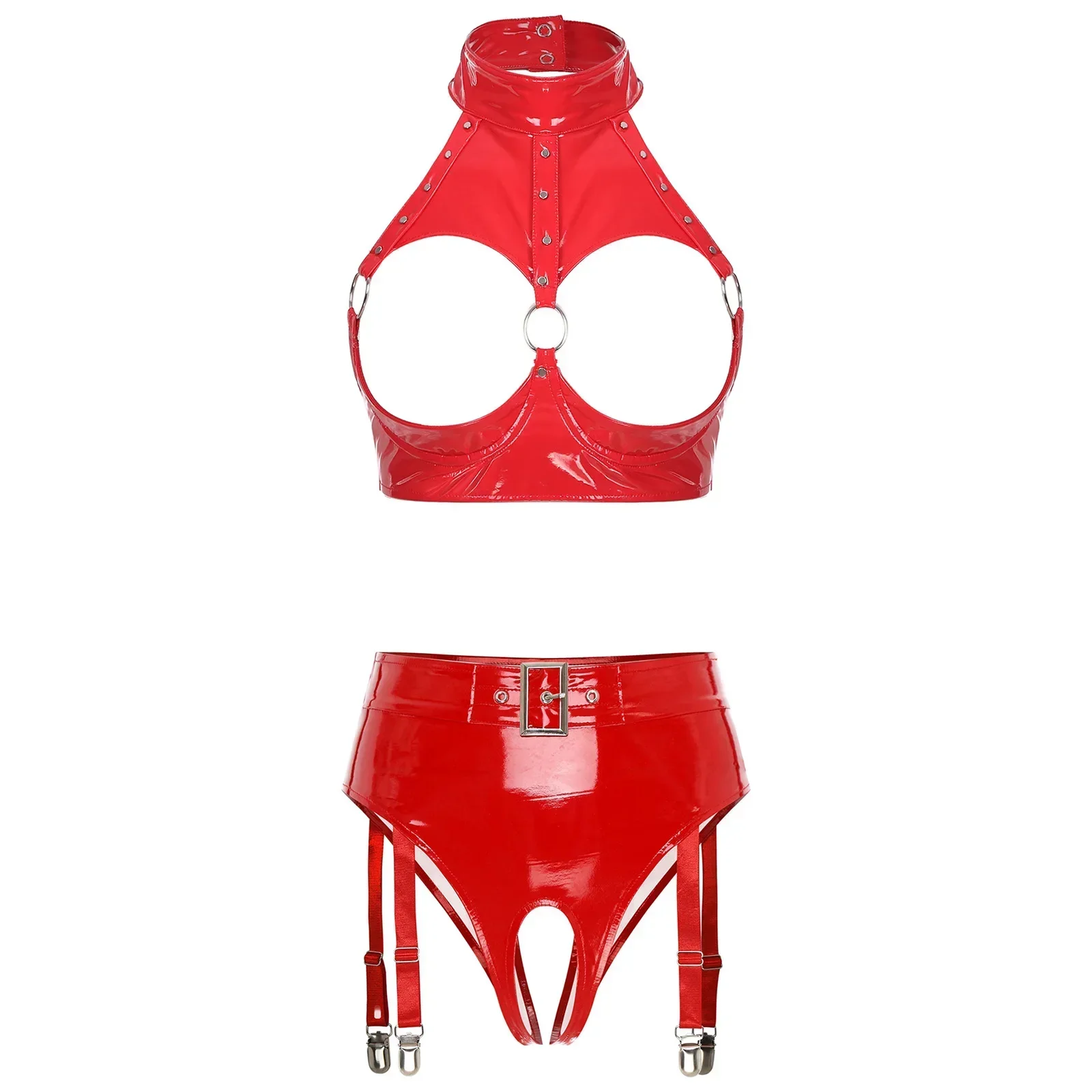 ملابس داخلية مثيرة للنساء ذات مظهر رطب لامع من الجلد اللامع وكوب مفتوح حمالة صدر بسلك سفلي ملابس داخلية عالية الخصر بدون حمالات مع رباط