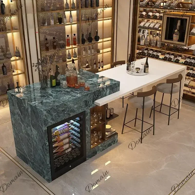 MN  Any Size Custom Premium Marble Kitchen Island Set Integrated Dining Table Wine Refrigerator LED Lights 2 Layer Storage Art S