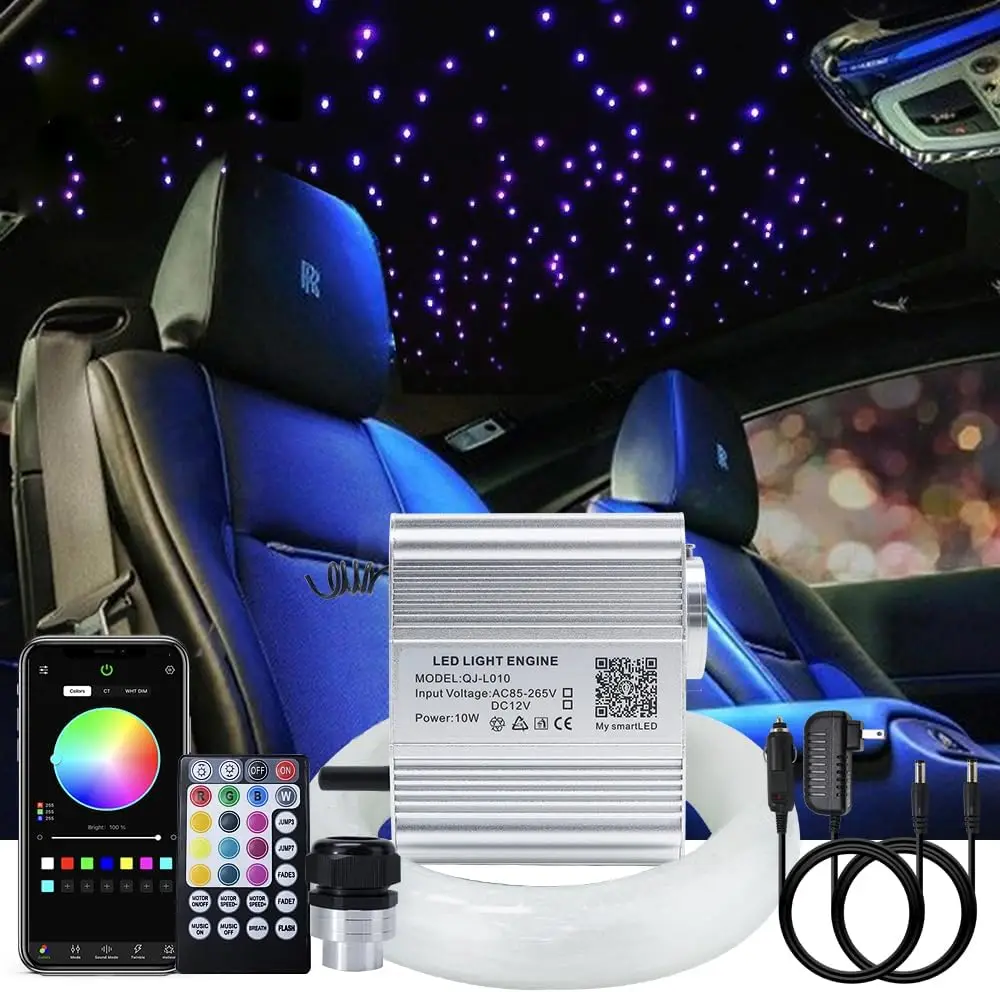 10W Car Home Use APP Twinkle Music Fiber Optic Lights kit for Star Ceiling Sky Light RGBW Light Engine Optical Fiber Cable8key