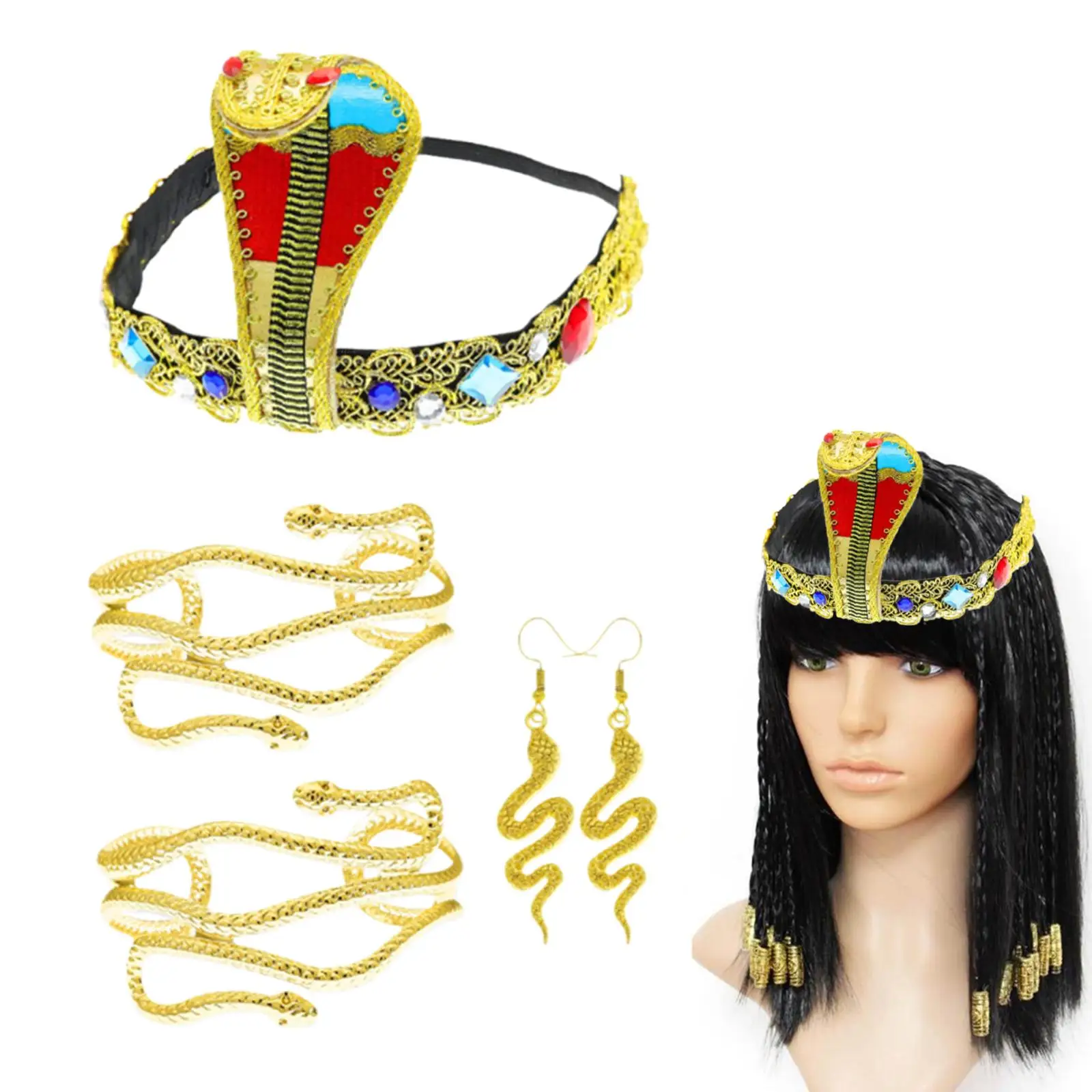 Accessoires de Costume de reine égyptienne, bandeau égyptien, manchettes de bras de serpent en or, boucles d'oreilles serpent pour fête de Festival de carnaval d'halloween