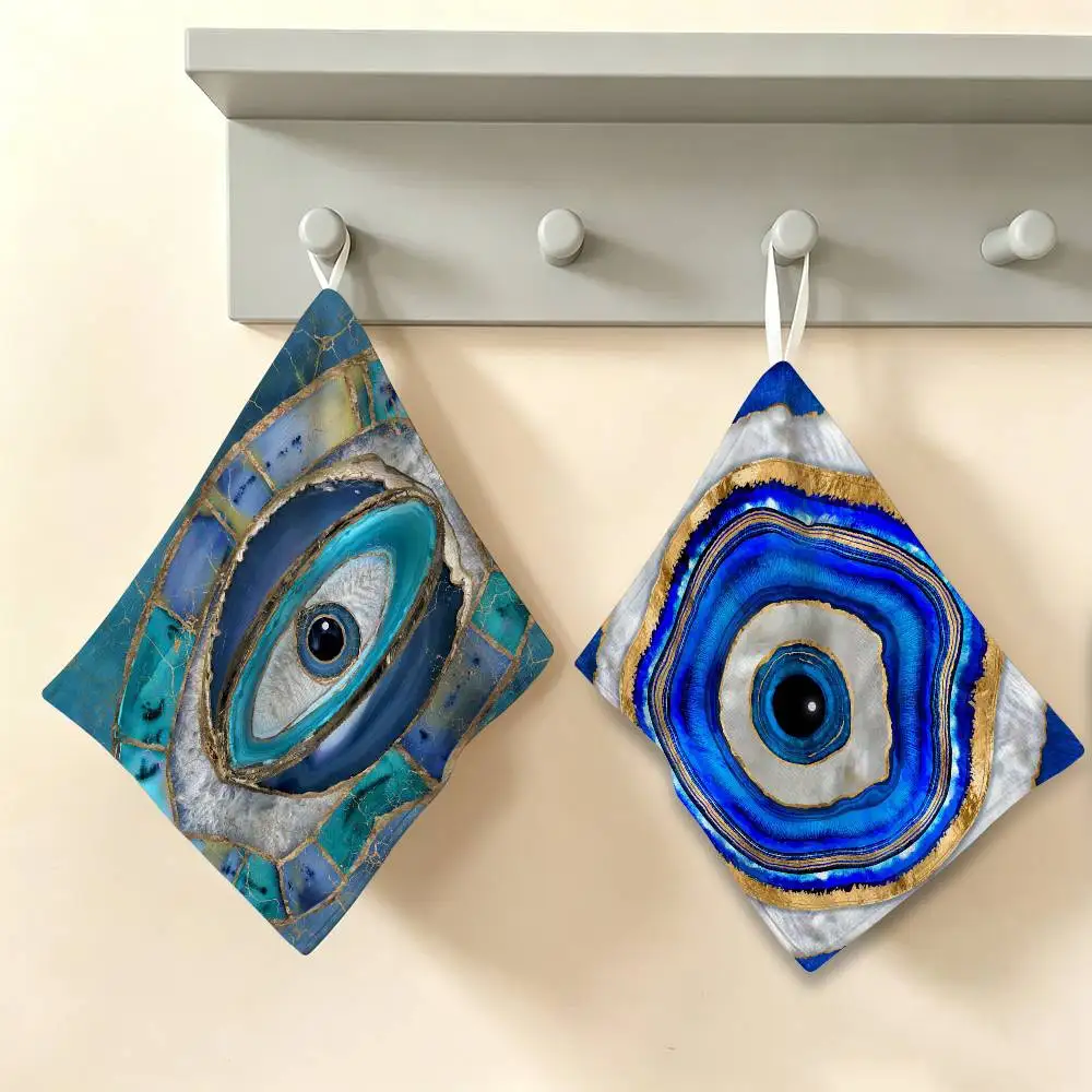 Turkey Blue Heart Evil Eye Polyester Cotton Hanging Kitchen Towel, Absorbent Hand Wiping Cloth for Daily Cleaning Drying