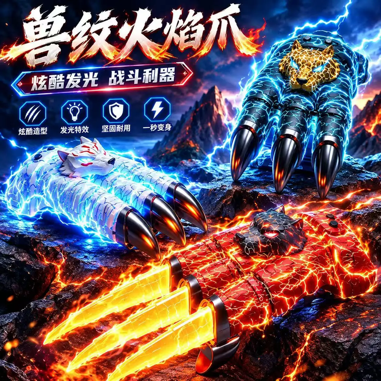 Luminous Retractable Mechanical Claw Gloves, Flash Light Hand Toy, Role Play Costume Accessory For Boys Adults