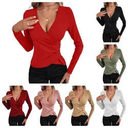 V-neck sexy elegant style solid color slim women's long sleeve T-shirt