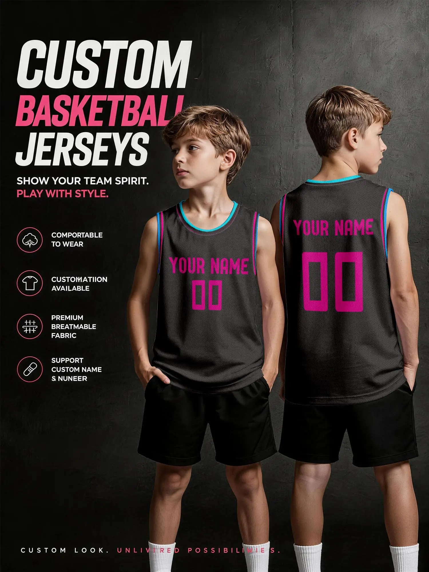 Black‑base Hot‑pink Print Contrast‑trim Custom Basketball Jersey, Breathable Mesh Customizable Vest
