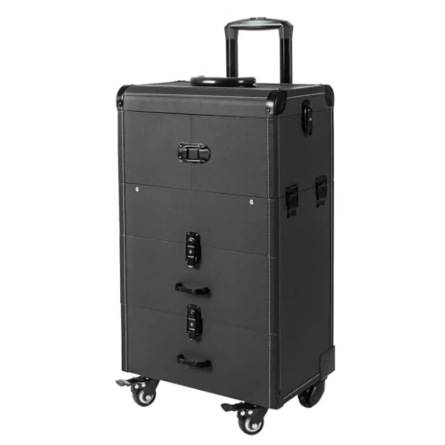Rolling Makeup Case for Salon Use, ABS Plastic, Black, Lockable with Keys, Portable Cosmetic Organizer on Wheels