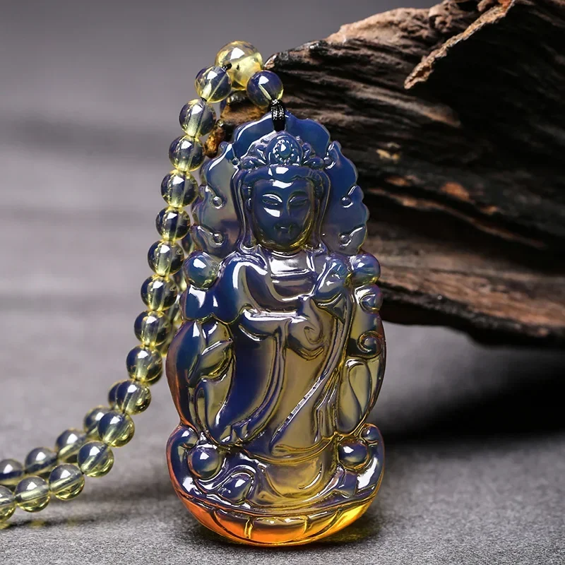 

Buddha Necklace Natural Domi Blue Potter Pendant Sweater Chain Raw Mineral Honey Wax Amber Men's Guanyin Necklace Pendant