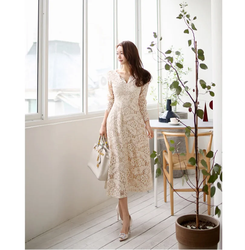 

Осеннее новое корейское стильное модное кружевное платье с v-образным вырезом на талии, длинное платье-юбка для женщин