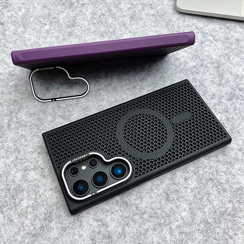 

Honeycomb Mesh Cooling MagSafe Phone Case for Samsung Galaxy S25 S24 S23 Ultra Alloy Lens Bracket Wireless Charge Hard PC Cover