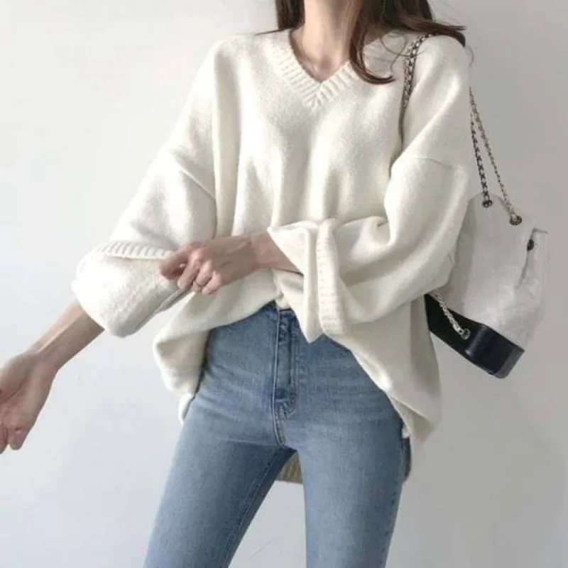 Large Size Loose V-neck Sweater Women Autumn Winter Korean Office Lady Solid Color Knitwear Simplicity All-match Knitting Tops