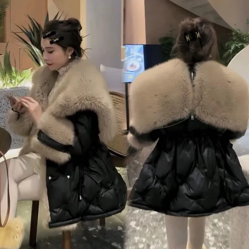 High Quality |New fashion down for women with large fur collar medium long thick coat