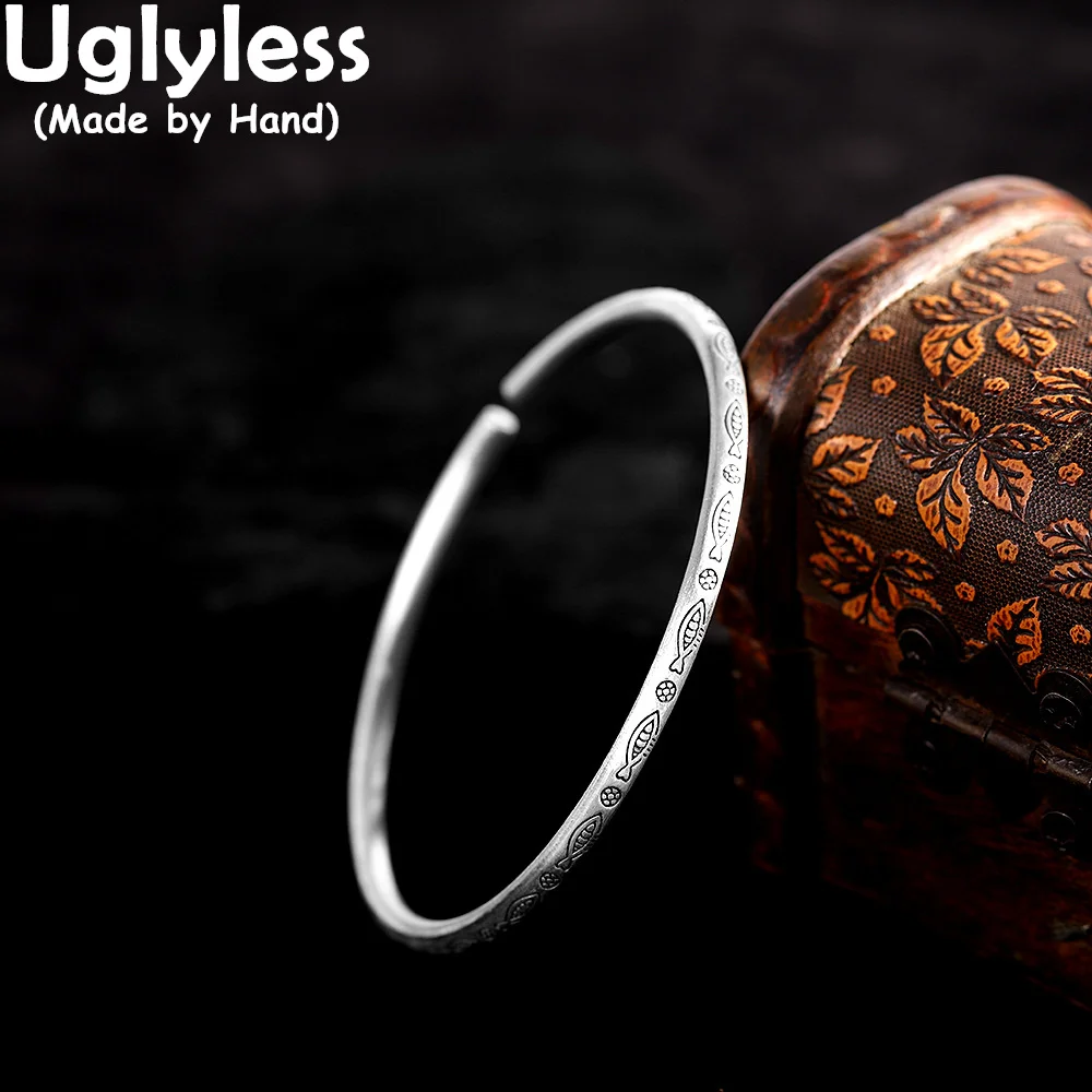 

Uglyless Real S 999 Silver Women Fine Jewelry Handmade Engraved Totem Patterns Fish Bangles Vintage Thin Bangle Ethnic Bijoux