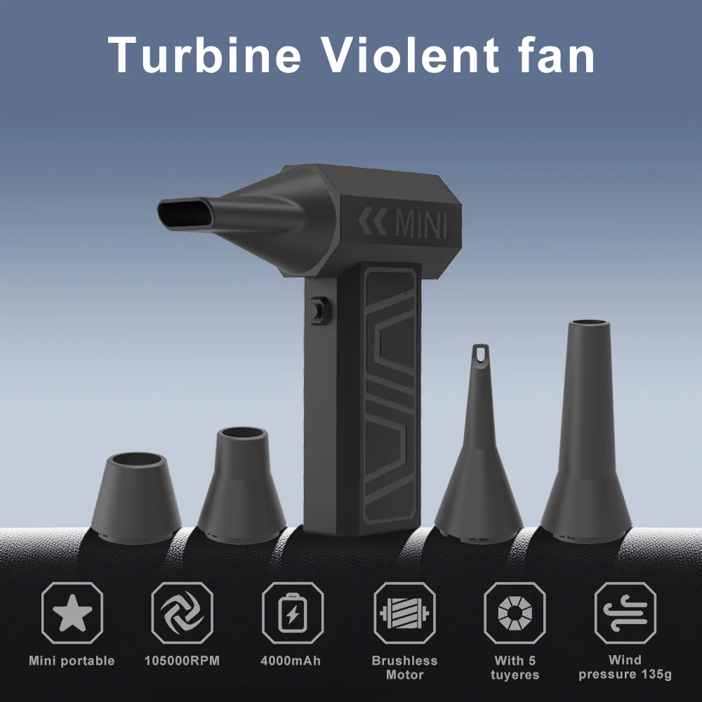 Powerful Air Blower 130000Rpm 3 Gear Adjustable Turbo Jet Blower Cordless Compressed Air Duster with 5 PCS Replacement Nozzles