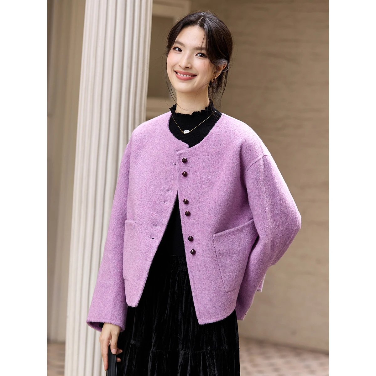 

VIMLY Women's Purple Short Coats Office Wear 2025 Winter Double Faced Wool Tweed Jackets Round Neck Ladies Woolen Coats 50871