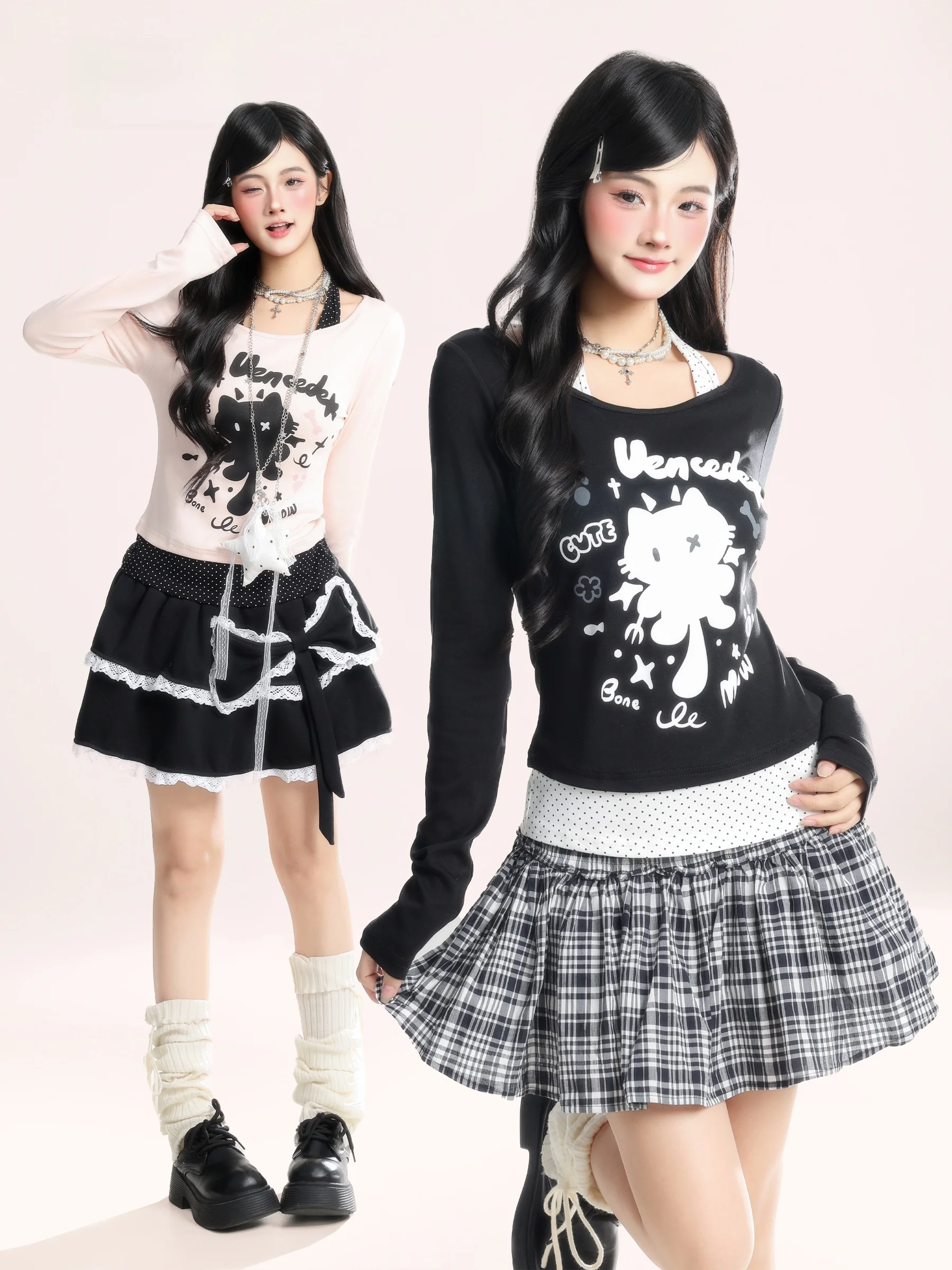 

HM Print Long Sve Slim Fit Women's T-irt Spring Y2K oulder Bared Belted Two-Piece Top Korean Sle Breathable Co...