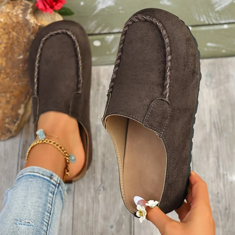 Women's Flat Mules Closed Round Toe Slip on Loafers Suede Look Braided Stitching Detail Casual Backless Daily Walking Shoes 2026