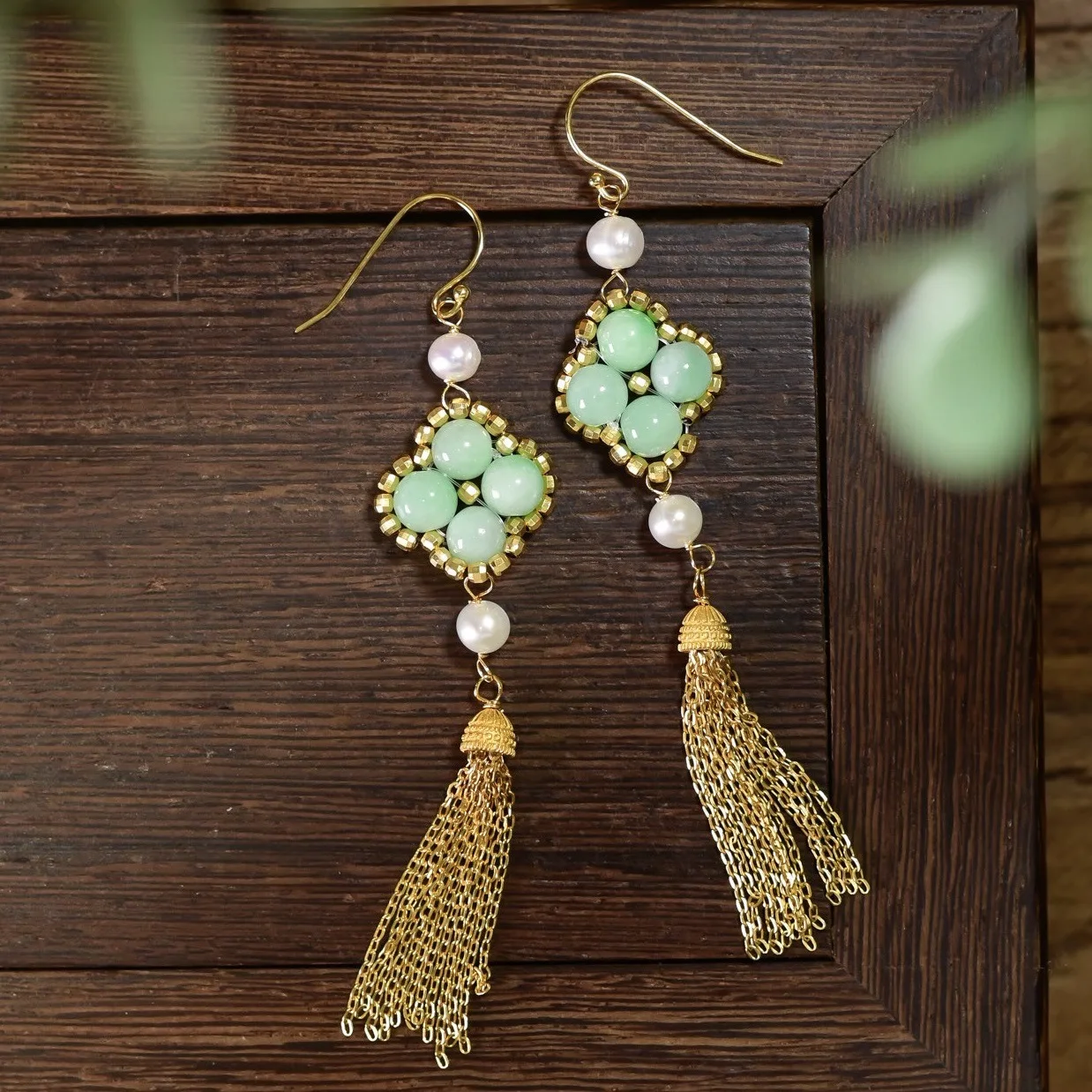 Natural Grade A Pea Green Jadeite Four Leaf Clover Tassel Earrings Freshwater Pearl Gilded S925 Silver Chinese Women Ear Jewelry