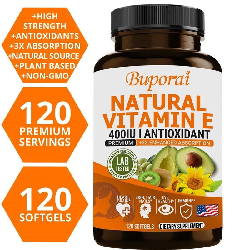 

Vitamin E Capsules - Powerful Antioxidant Supplement That Supports Heart, Skin, and Nail Health and Promotes Collagen Production