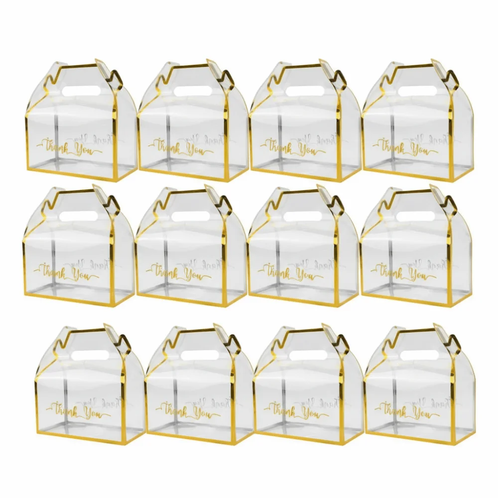 

Набор из 12 многоразовых прозрачных коробок для конфет с золотым ободком, портативный дизайн, пластиковый контейнер для хранения, упаковка из ПВХ с надписью «Спасибо»