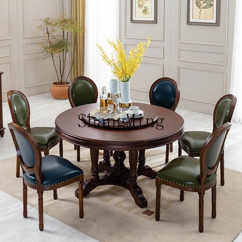 

SM retro furniture dining table household solid wood round household dining table and chair combination