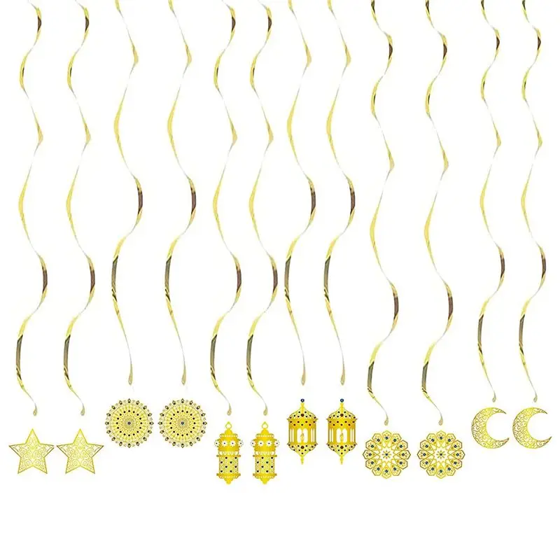 

A29F-Ramadan Eid Mubarak Decoration Eid Al-Adha Decoration Gold Hanging Swirls Decorations Moon,Stars And Eid Lantern Garland