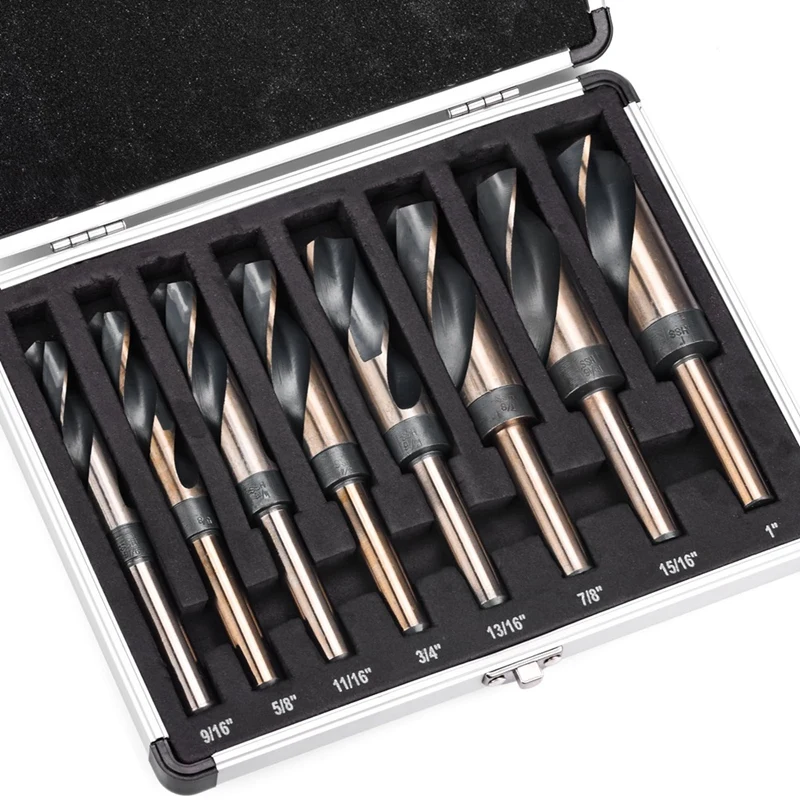 8 Piece Silver And Deming Drill-Bit Set Cobalt Drill Bit Set 1/2-Inch-Diameter Shank, 9/16-Inch To 1-Inch Sizes