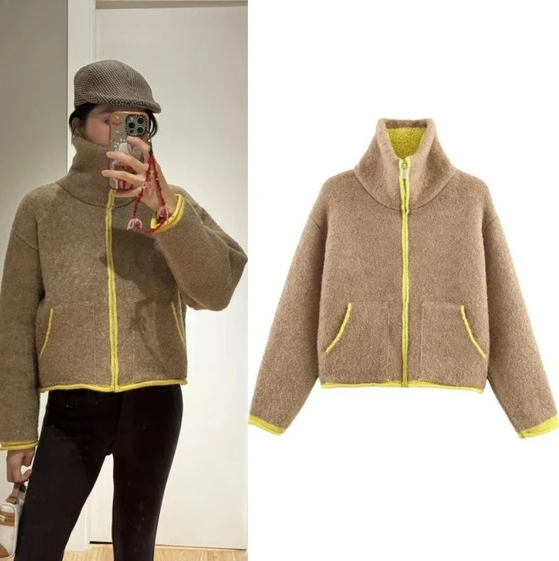 

Женская вязаная куртка-бомбер 2025 — зимнее повседневное спортивное короткое пальто с цветными блоками, жизненная верхняя одежда