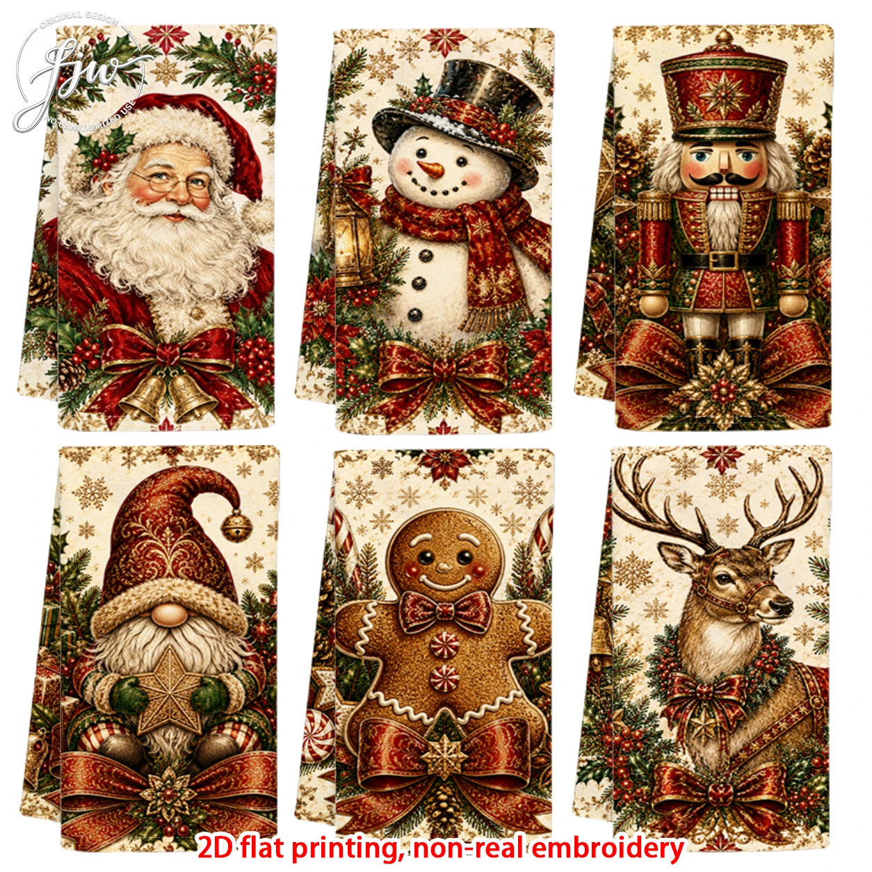 6pcs Vintage Christmas Kitchen Towels Santa Snowman Nutcracker Gnome Reindeer Gingerbread Man Dish Towels Holiday Home Decor