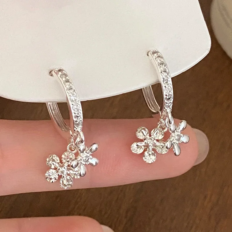 Real 925 Sterling Silver 18K Gold Zircon Flower Pendant Hoop Earrings for Women Cute Fine Jewelry Minimalist Accessories #6