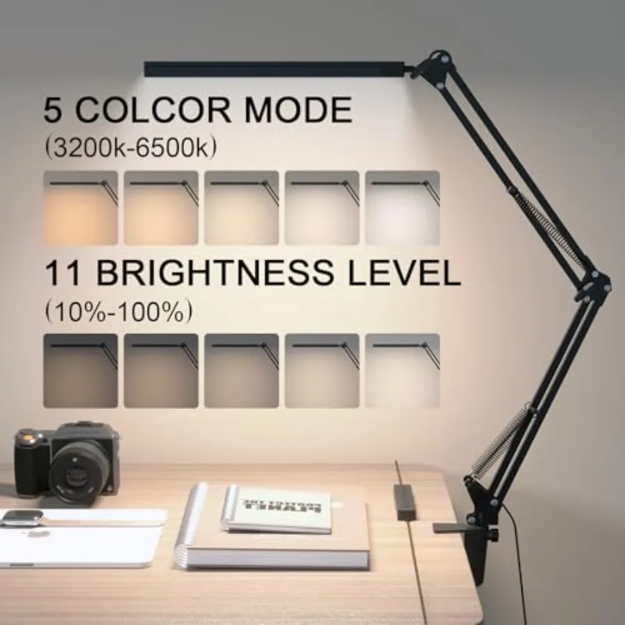 LED Desk Lamp for Home Office and Round Base, Clamp-On with 5 Light Modes and Auto Shut Off 14W Adjustable Brightness 5000K Eye