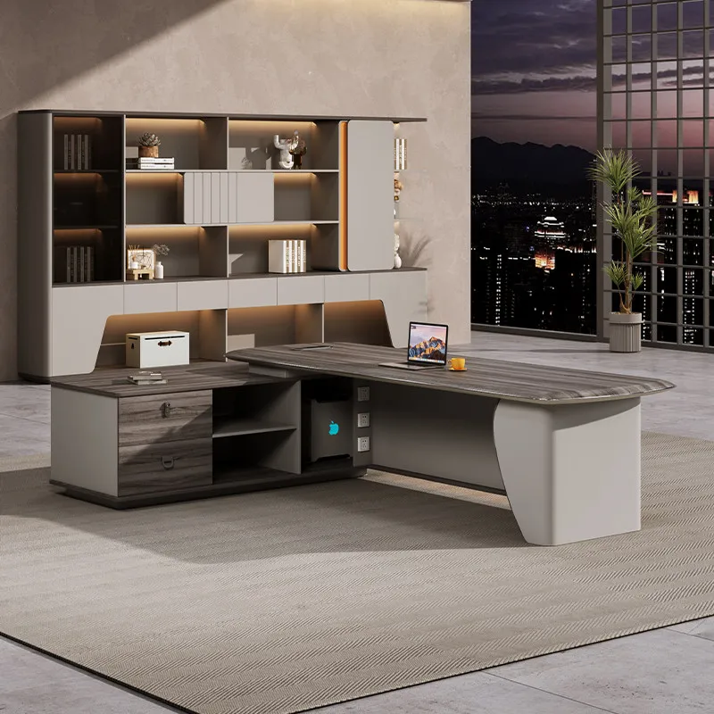 High-end Wooden CEO Manager Desk Set Modern Luxury Executive Office Furniture L-Shaped Boss Table With Integrated Cabinet