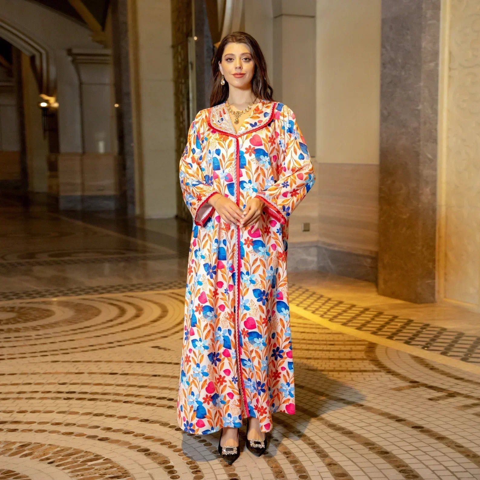 Floral Print Abaya Dubai Sequin Diamond Lapel Neck Dress Muslim Women V-neck Long Robe Retro Style Jalabiya Banquet Kaftan Femme