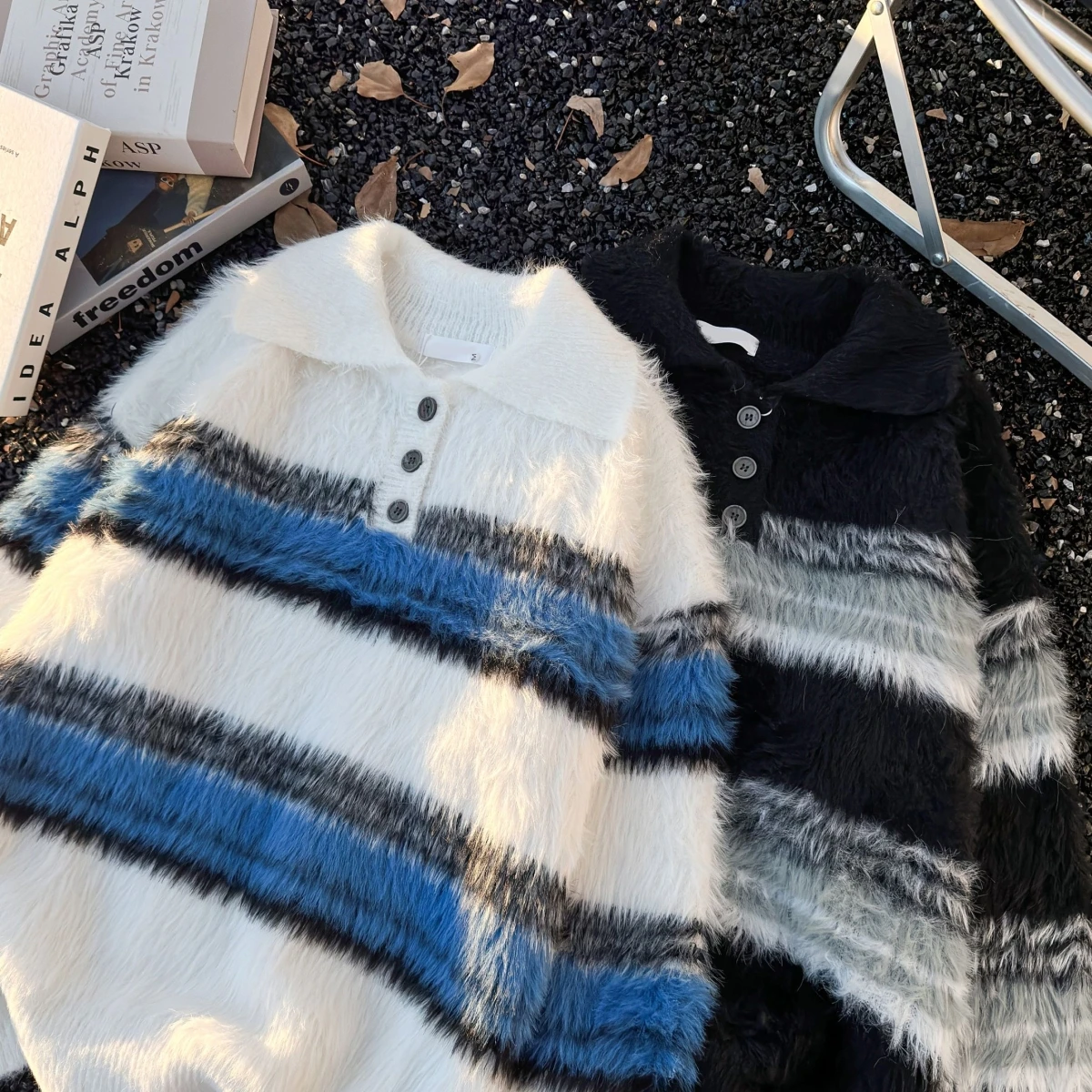 

American Sle Collar Button Striped Knitwear Men's Loose Fit Casual Sweater Autumn Winter Faion Couple's Knitted irt