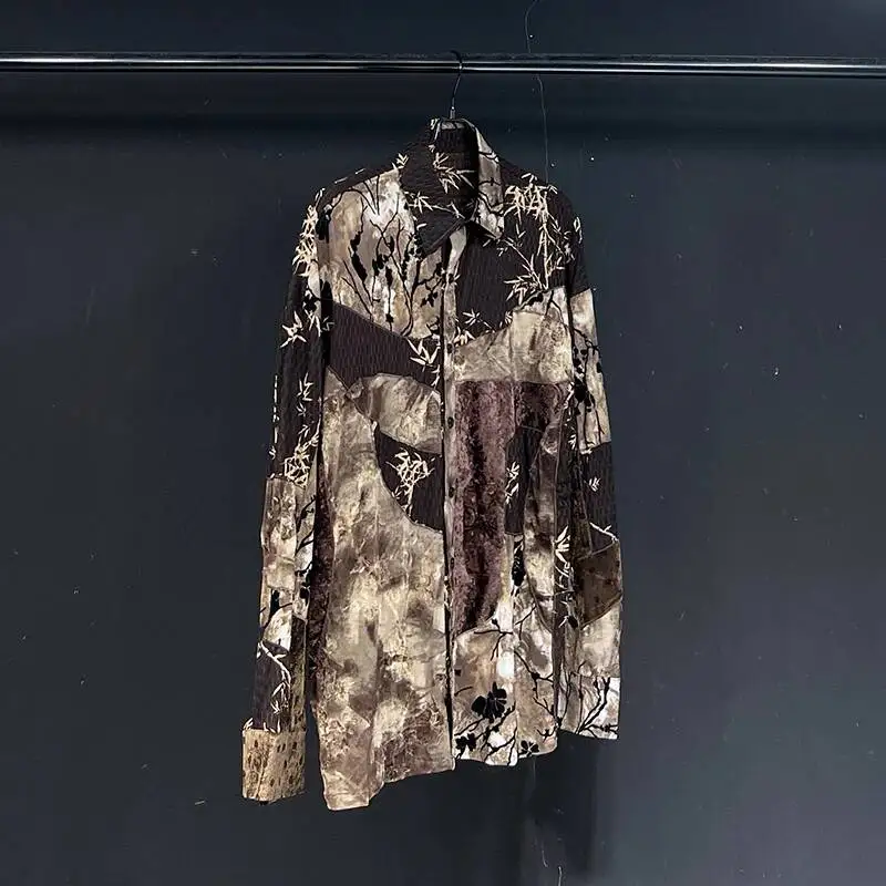 Long Sleeve Men Shirt 2025 New Personality Printed Patchwork Decoration Turn-down Collar Single-breasted Shirts GFR5