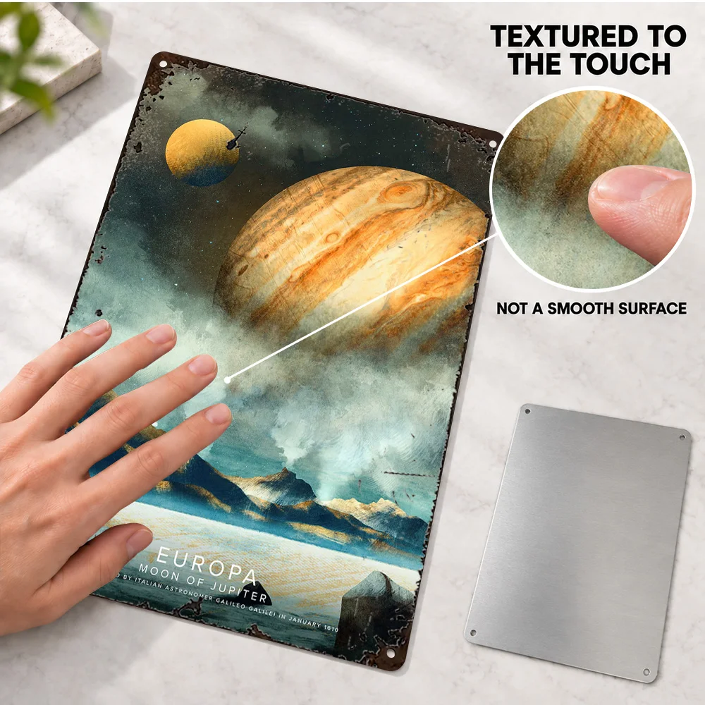 Europa And Jupiter Printed Poster Customized Aluminum Metal Sign Astronomical Illustration Wall Art For Bedroom Stargazer Gift