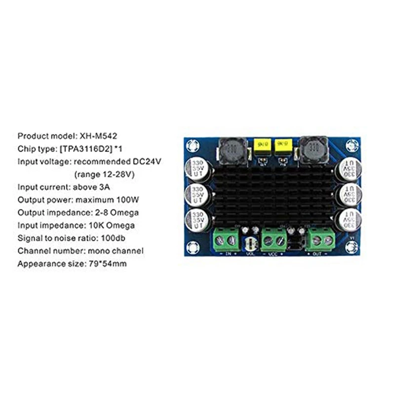 2 Pcs XH-M542 100W Audio Amplifier Board DC 12V 26V TPA3116D2 Mono Channel Digital High Power AMP Module