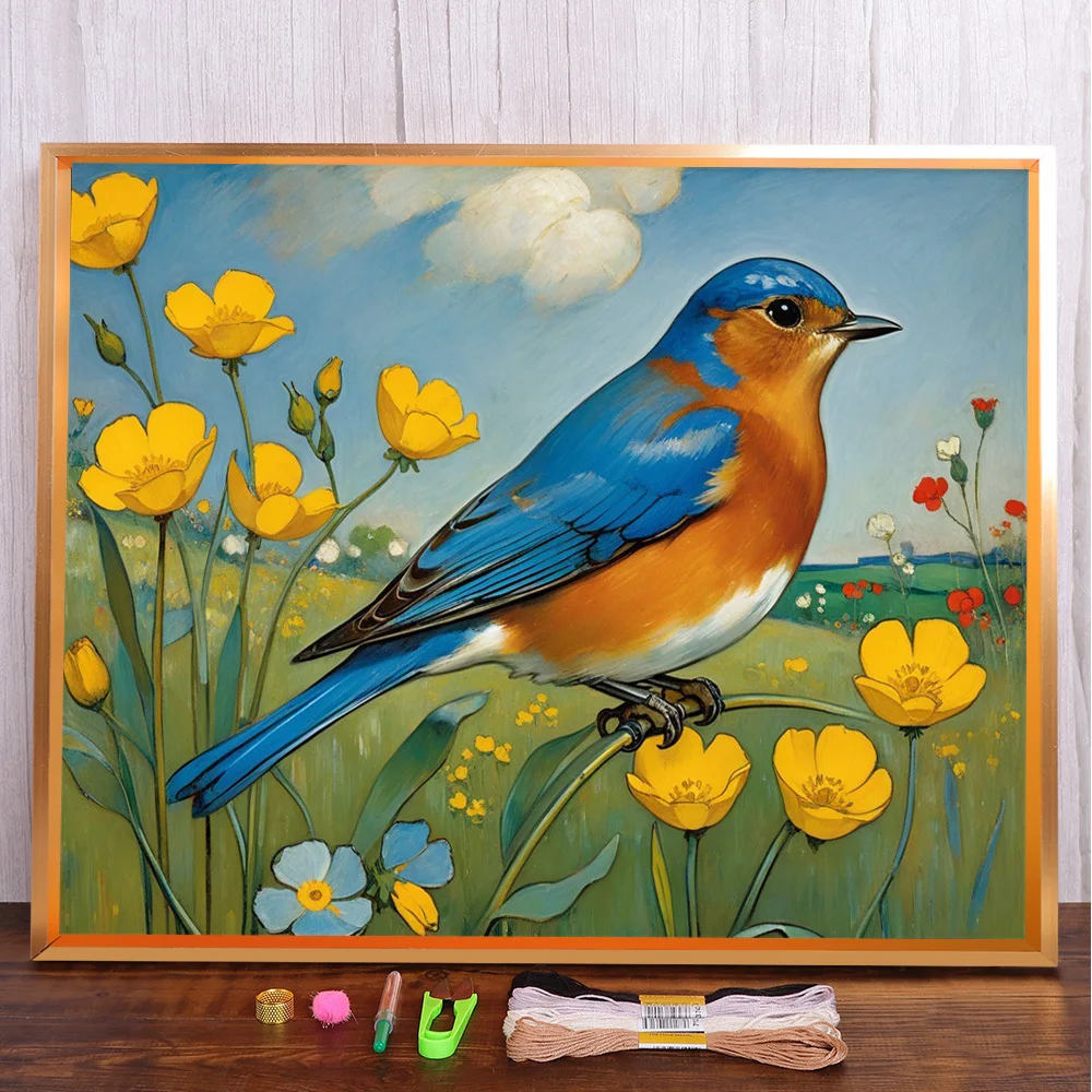 

Bird Niltava Sundara Printed Fabric Cross-Stitch Full Kit DIY Embroidery Knitting Hobby Painting Sewing Floss Stamped Wholesale