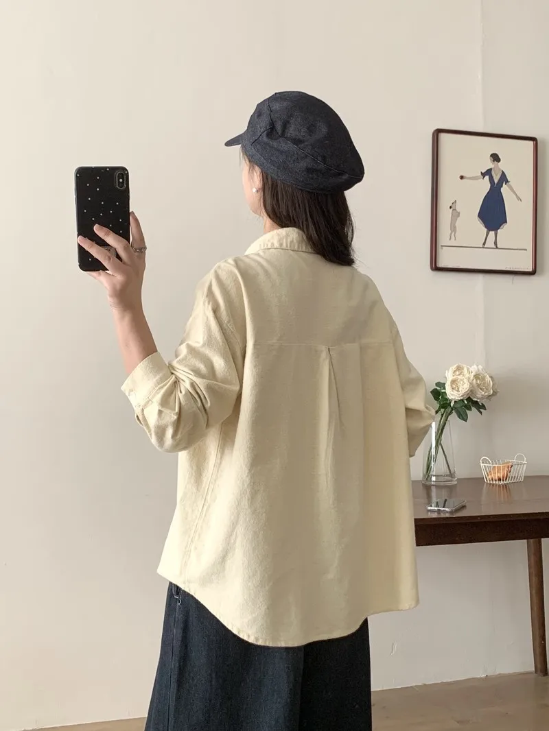 [Klaar voorraad] Hoge kwaliteit dames 100% katoenen garen blouse shirt herfst borduurwerk camera losse geschuurde shirts met lange mouwen