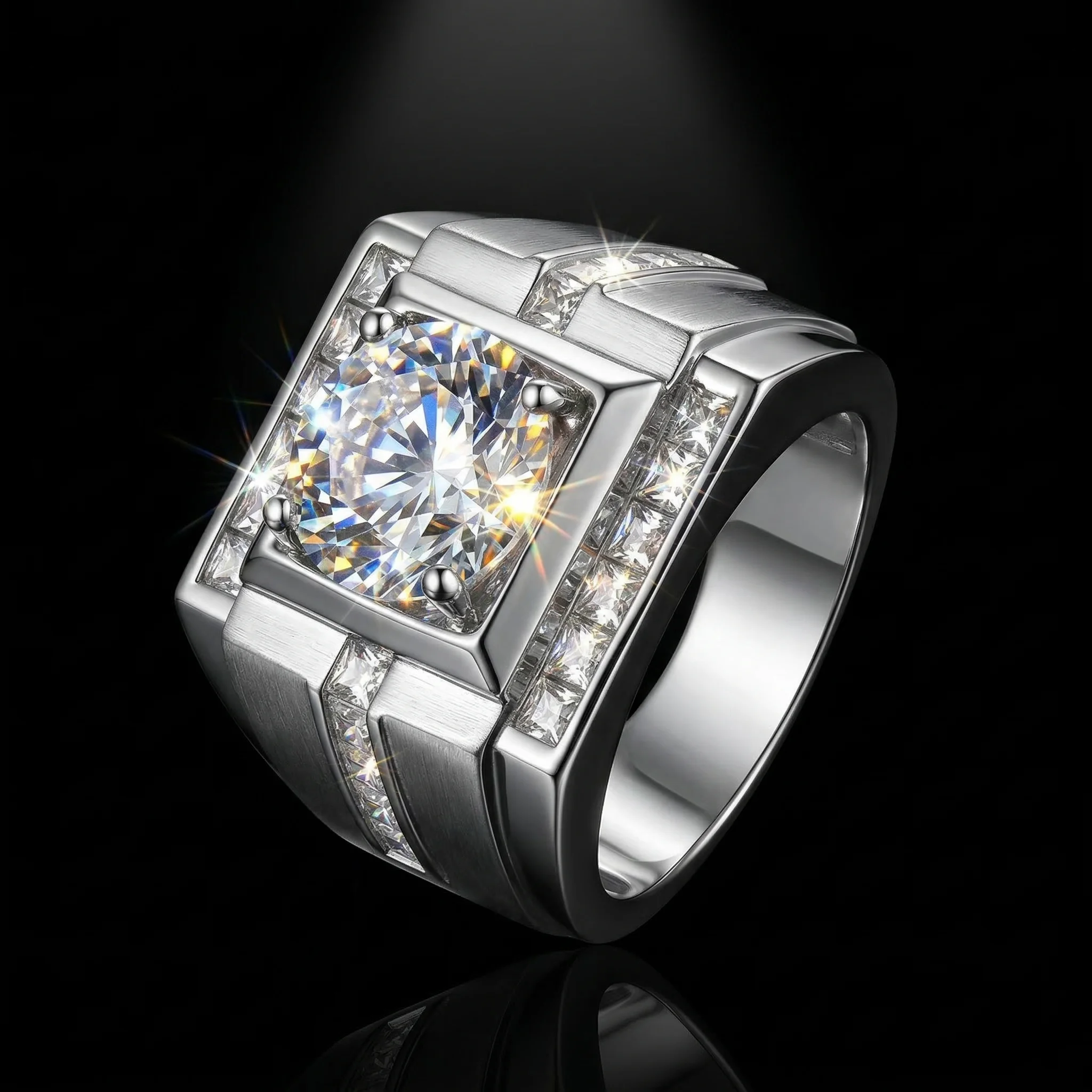 

4 Carat Round Moissanite Ring, 925 Silver, D Color VVS1, Square Halo Channel Set, Men's Wedding Band, Pass Diamond Tester