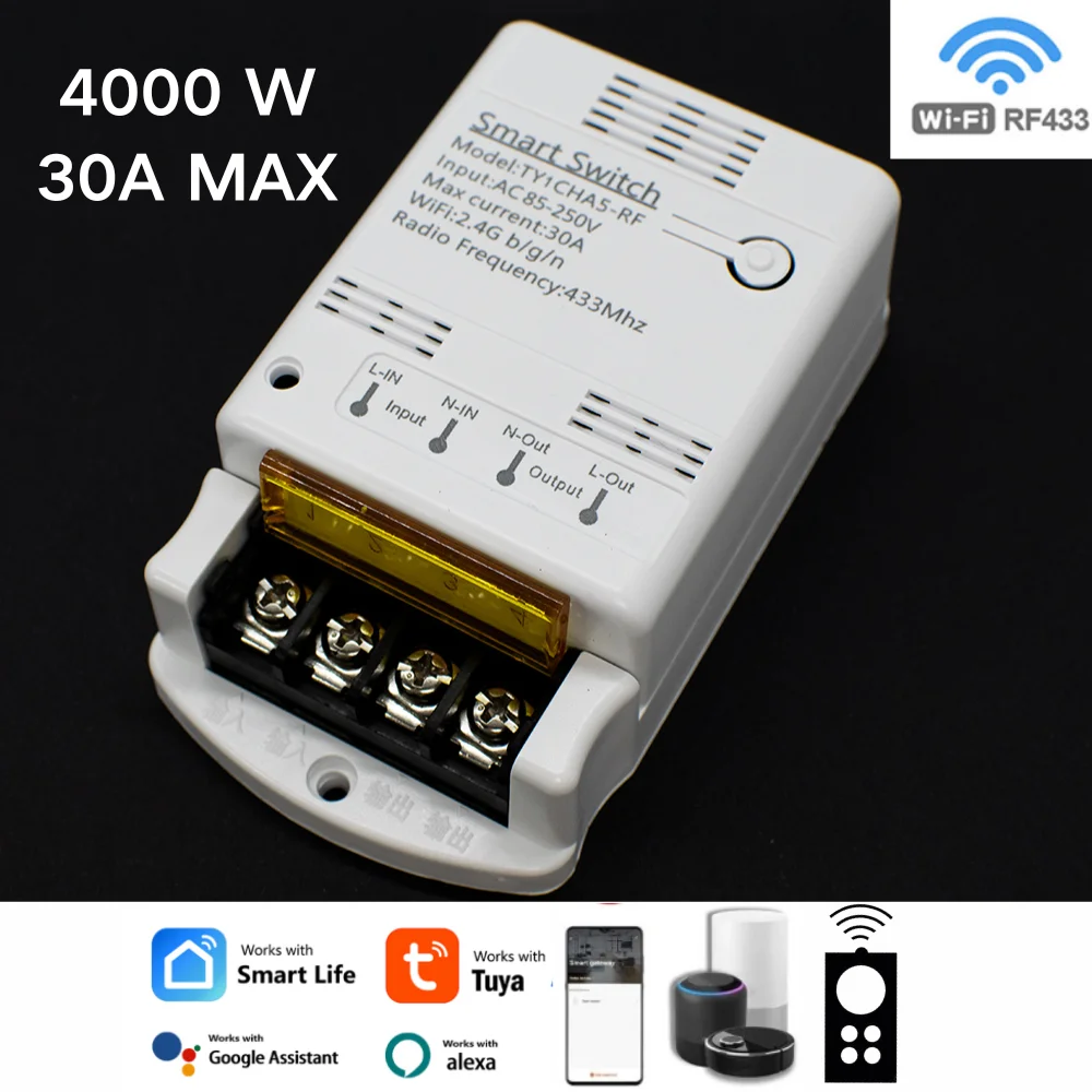 RF 433 + WIFI Smart Home Automation 4000W 30A Relay Module Tuya And Smartlife APP Remote Control Work With Alexa Google Home