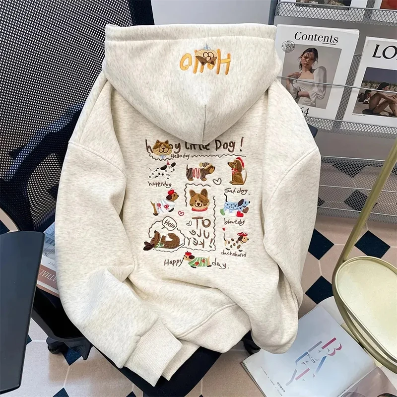 Women Cute Embroidered Hoodie Cartoon Dog Graphic Sweatshirt Front Back Print Long Sleeve Fleece Lined Pullover Casual Top