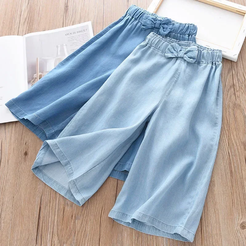 

2025 New Fashion Children Wide Leg Pants Summer Casual Thin Chiffon Cropped Trousers For Teenager Girls Clothes 2 4 6 8 10 Years