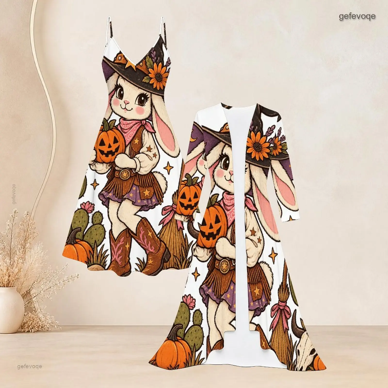 Women White Cartoon Ghost Pumpkin Print 2 Piece Set, Spaghetti Strap Dress and Long Open Front Cardigan