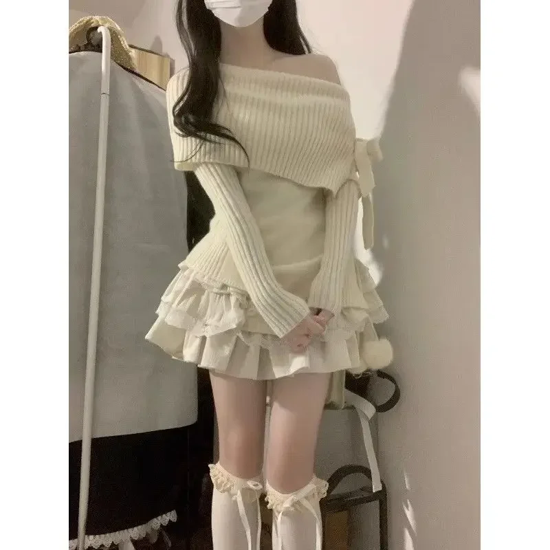 

Spring French Vintage Sexy Knitted Pullover Women Off Shoulder Designer Elegant Sweater Female Korean Fashion Casual Tops 2026