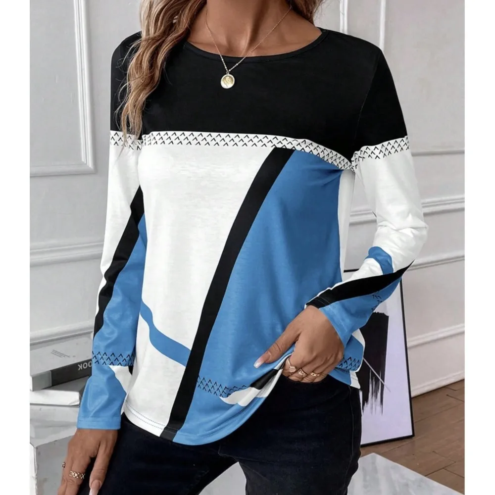女性の幾何学的なプリントの長袖Tシャツ,スプライストップ,ラウンドネック,対照的な色,新しい,レジャー,2022