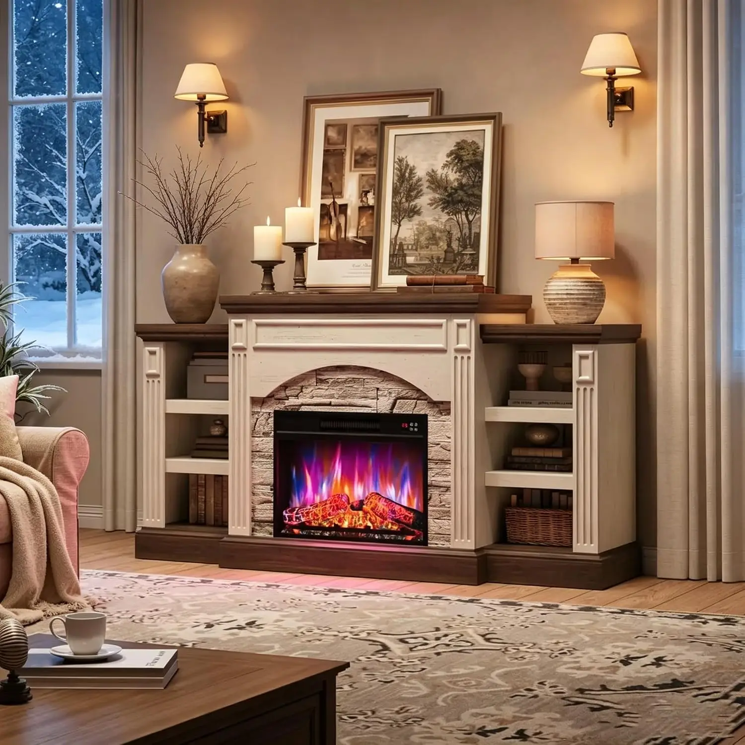 70'' Farmhouse Electric Fireplace TV Stand with 3D Flame Effect, Customized
