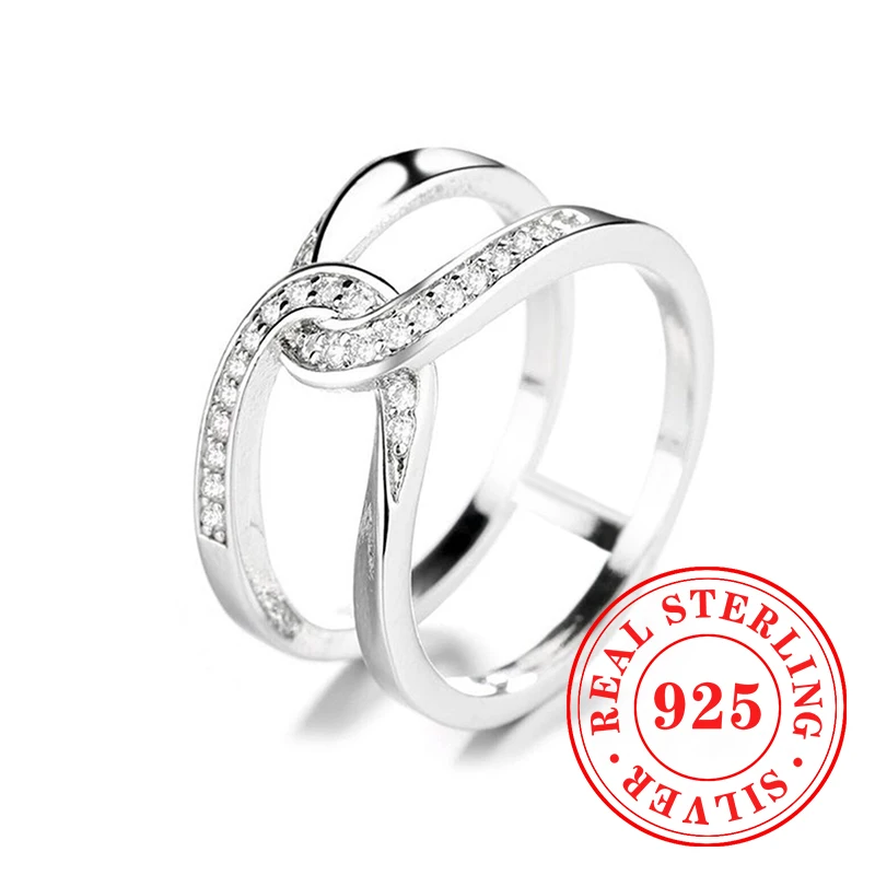 Huitan Real 925 Sterling Silver Twisty Crossed Rings with Bright Cubic Zirconia for Women Fashion Wedding Promise Bands Jewelry